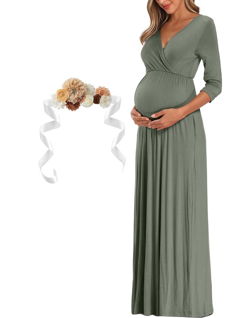 KIM S Maternity Dress Photoshoot Shoot Baby Shower Maxi Boho Fall Winter Christmas Pregnancy Clothes for Mommy to Be Cotton (Grey Green L) - Image 3